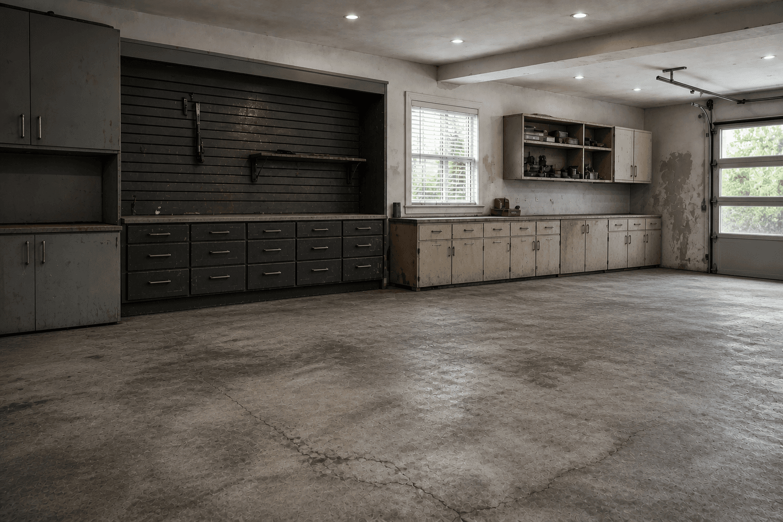 Worn, cracked garage floor before a New Floors coating