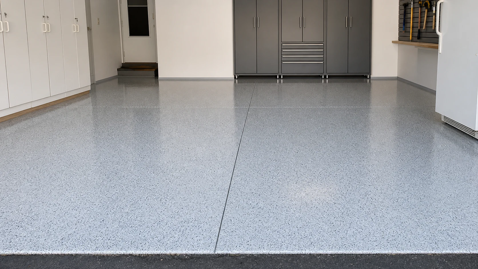 Finished residential garage with a premium full-flake floor coating