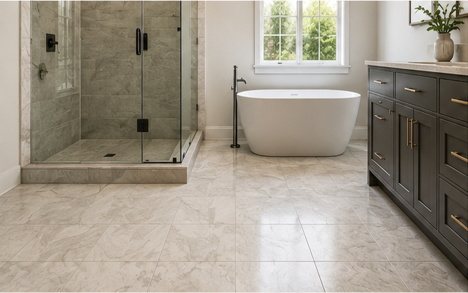 Large-format tile flooring in a modern residential interior